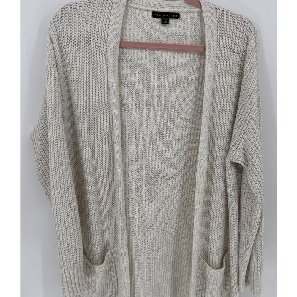 Womens Open Front Knit Cardigan W/ Pockets Beige Long Sleeve Soft Comfort